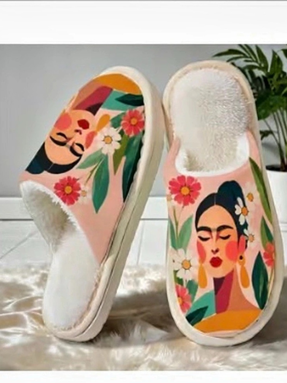 Floral-wrapped Female Portrait House Shoes Slippers